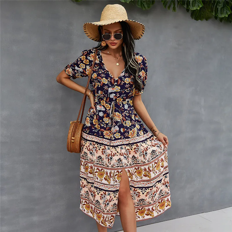 

2021 Spring New Floral Dress Women Casual V Neck Holiday Style Print Bandage Dress For Woman High Waist Summer Dresses