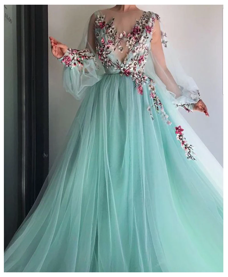 

Fashion Long Sleeves Evening Dress Party Gowns Robe De Soiree Formal Prom Dresses Plunging 3D Flowers Beading Top Evening Gowns