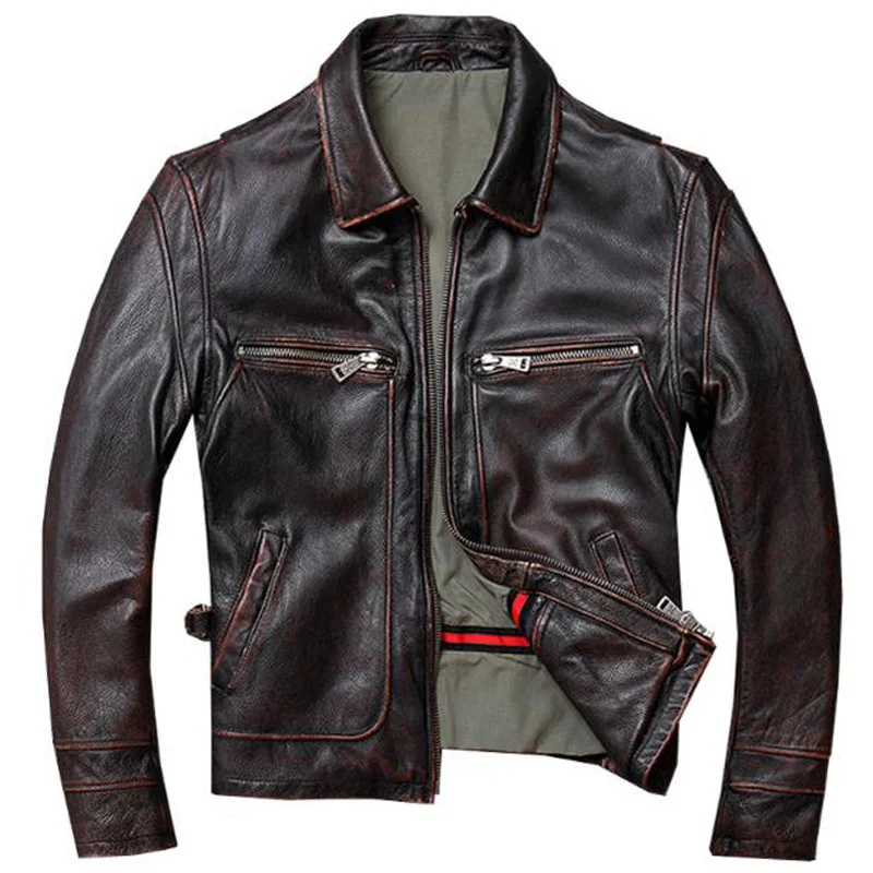 

Old Fashion US Mens Cow Leather Jacket Trench Coats Automotive Mans Genuine Leather Jacket High Street Overcoats Streetwear A788