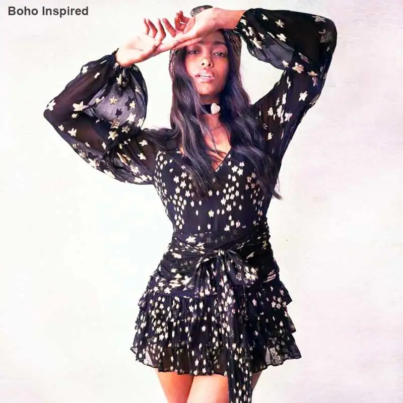 Женское вечернее платье с бантом и длинным рукавом сексуальное со звездами