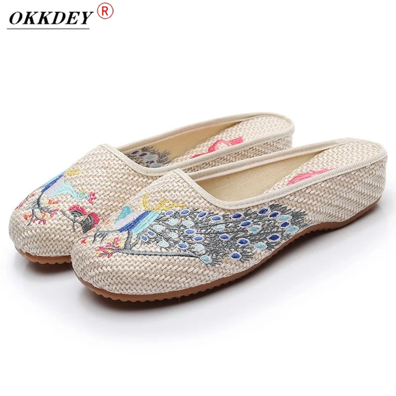 

Women's Autumn New Summer Ethnic Style Linen Beef Tendon Sole Pedal Sandals Women Slippers Peacock Embroidered Women's Shoes