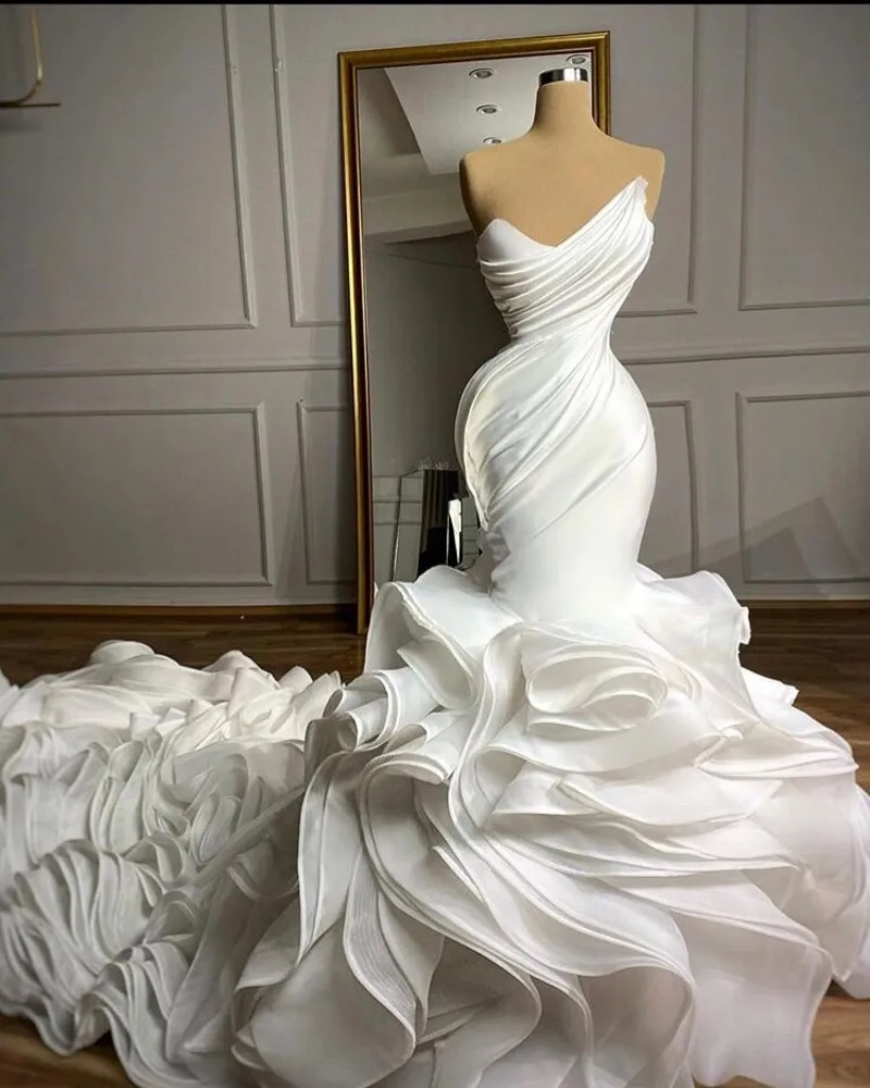 

2021 robe de mariée Mermaid Wedding dresses Sweetheart Organza Ruffles Skirt cathedral train Custom Made princess Bridal Gowns