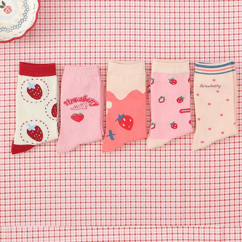 

New Pink Series Cute Fashion Socks Women Girls Crew Cotton Strawberry Milk Sweet Casual Harajuku Fashion Middle Tube Socks