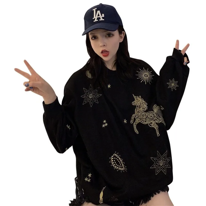 

2020 Womens Clothes Embroidery Cotton Hoodies Teen Street Harajuku Hip Hop Sweatshirt Loose Leisure Plus Size Pullover Sweater