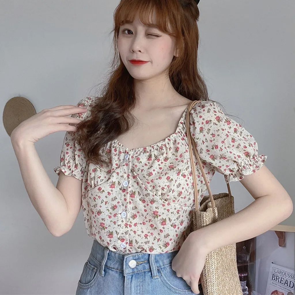 Женская Повседневная Блузка с квадратным вырезом Элегантная блузка цветочным