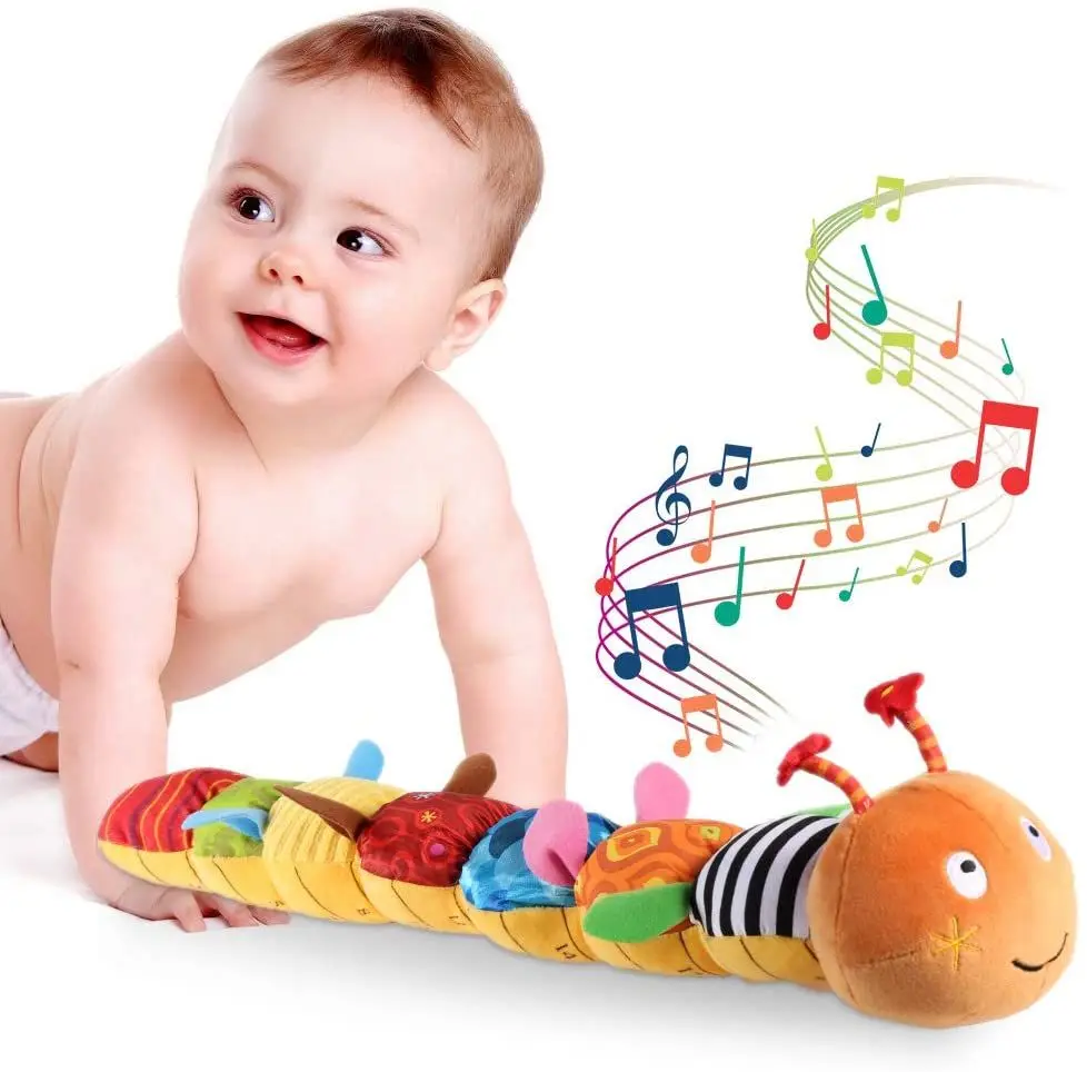ألعاب الأطفال الموسيقية كاتربيلر الرضع لعبة التجعيد حشرجة لينة مع تصميم حاكم ، أجراس وحشرجة طفل ألعاب من نسيج مخملي التعليمية