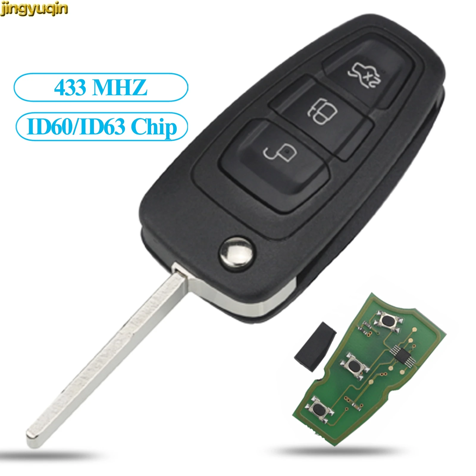 Jingyuqin Флип дистанционного ключа автомобиля FOB 433MHz 4D63 / 60 40 80bit Чип для Ford Focus Fiesta 2013