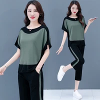 summer sports two piece outfits short sleeve cropped pants new plus size 4xl 5xl 2 piece set women clothing green pink burgundy