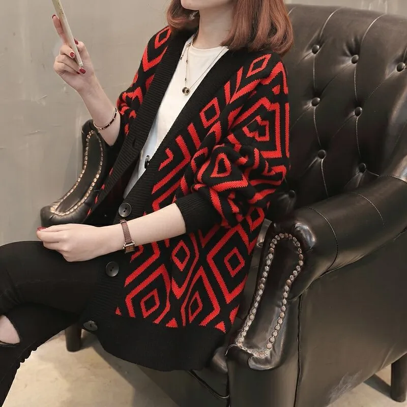 

New loose and slim Korean version of diamond lattice color matching cardigan coat in spring and autumn 2020