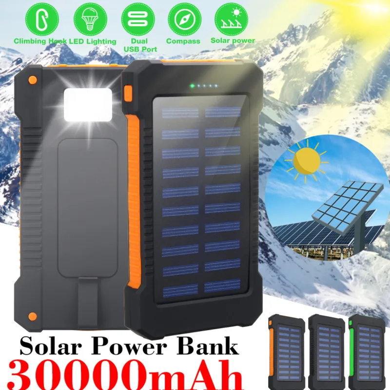 30000 мАч Солнечная энергия Банк Водонепроницаемый двойной USB внешний аккумулятор портативное зарядное устройство для смартфона с компасами