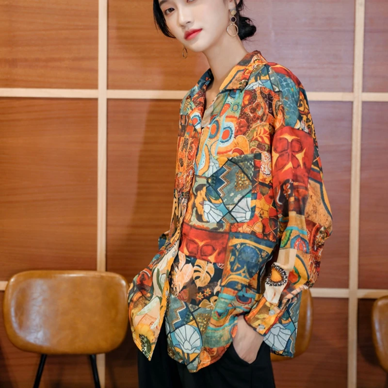 

Vintage Sunflower Print Women Blouse Korean Oversized Chic Y2k Shirt Loose Cuasal Lapel Single-Breasted Female Autumn Tops 2021