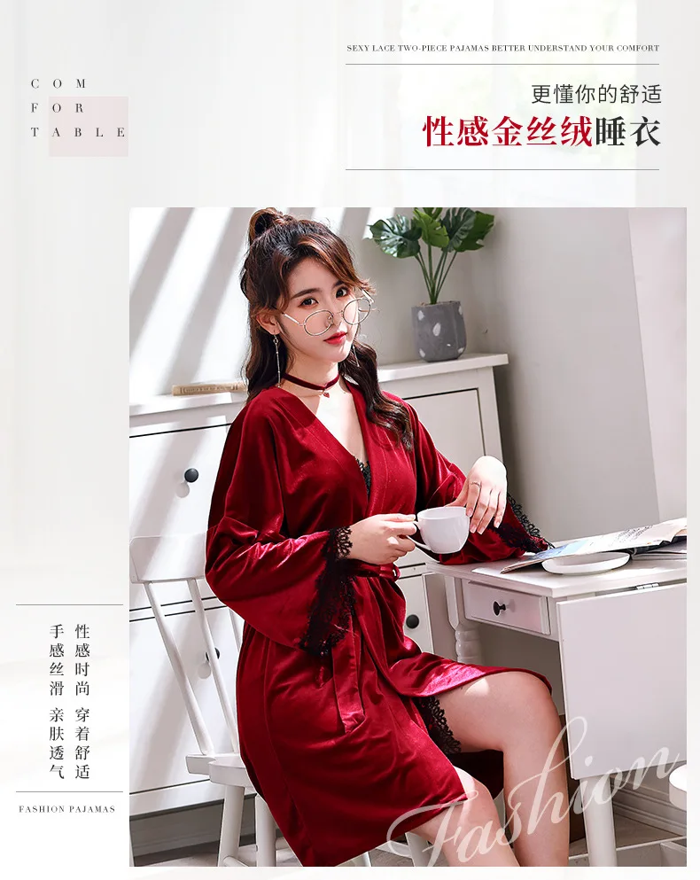 Золотой Бархат 2019 сексуальный 2 шт кружевной халат глубокий v-образный вырез