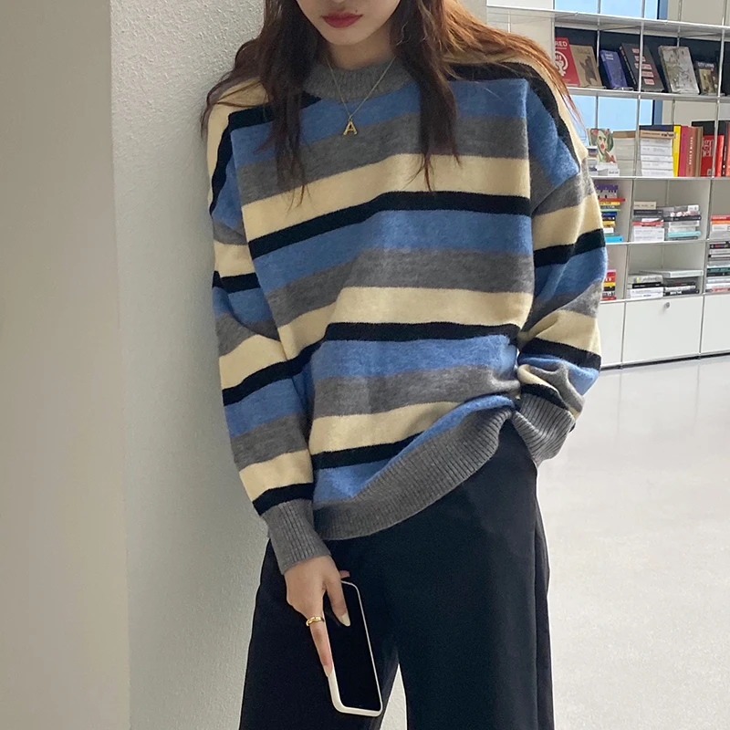 

2020 Autumn Winter Women Pullovers And Sweaters Jumper preppy style stripe green/red/grey Warm Female knitted Sweater (F1430)