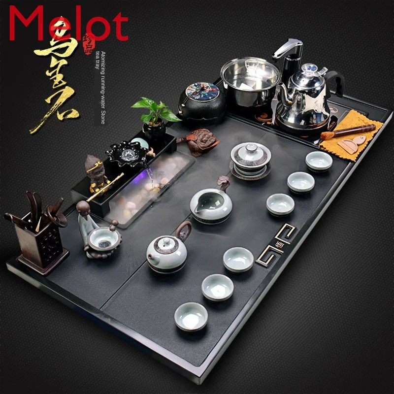 

Black Gold Stone Tea Tray Complete Set Kung Fu Tea Set Set Household Atomization Water Landscape Stone Tea Table Simple