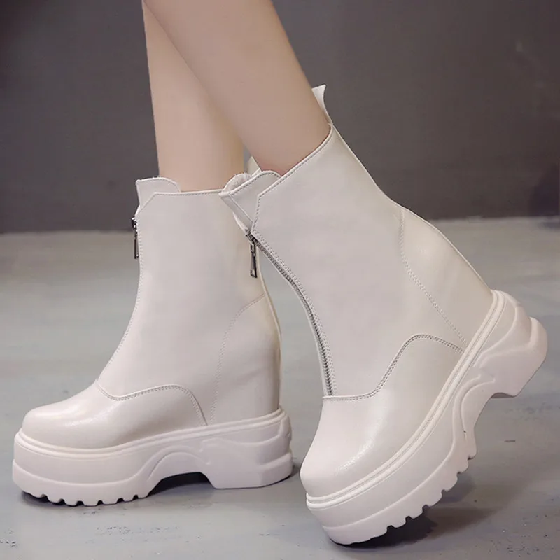 Winter Women Leather Boots Round Toe Platform Height Increasing Chunky Antiskid Bottom High Thick Heels Ladies Shoes Botas Mujer | Обувь