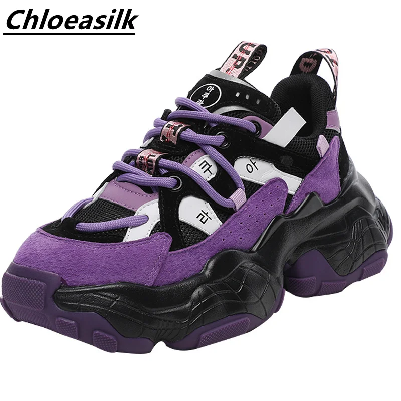 

Autumn Winter Breathable Sports Shoes Thick Bottom Fashion Bright Color Mesh Women's Shoes Genuine Leather Vulcanized Shoes