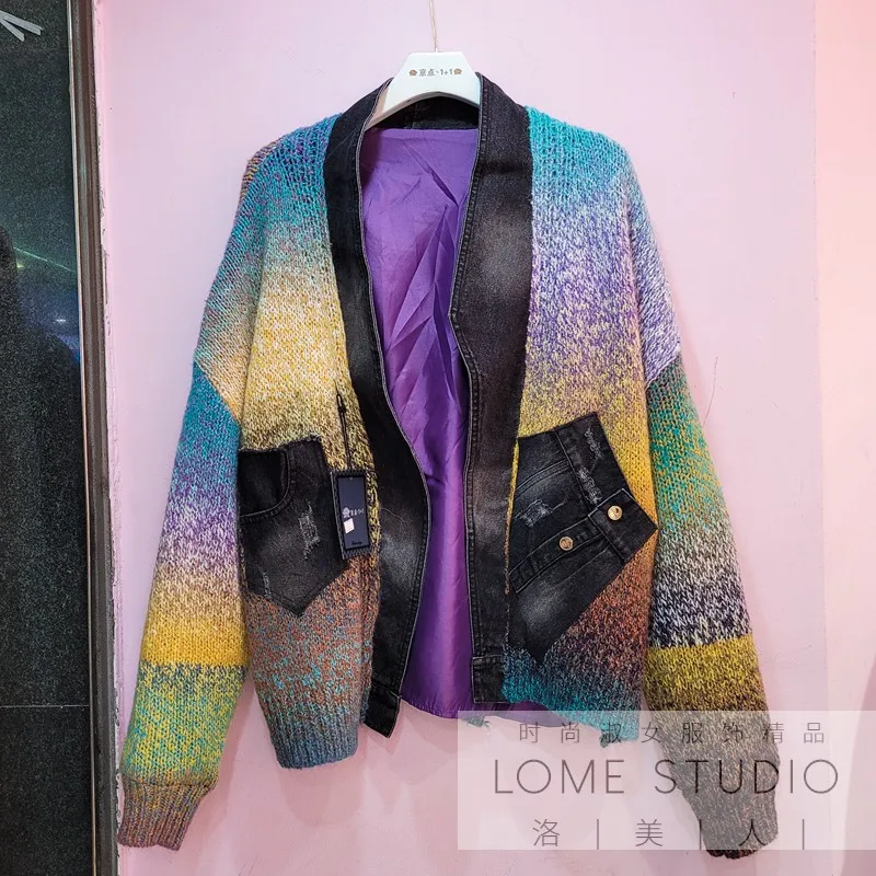 

2021 New Fashion Autumn Gradient Color Patchwork Denim Knitted Jacket Coat Loose V-neck Long Sleeve Cardigans Short Outwear