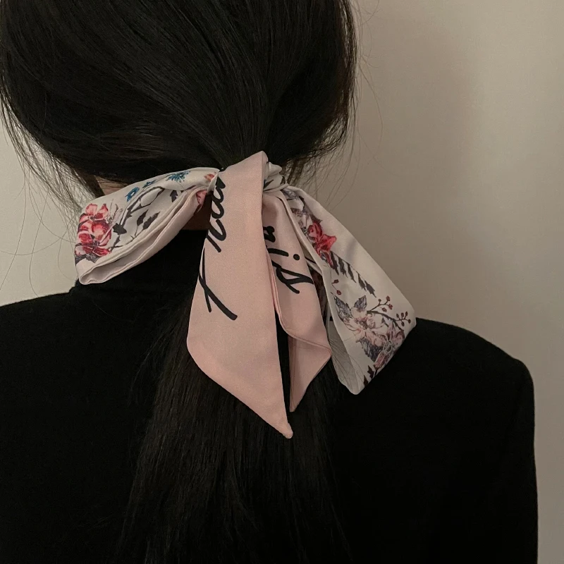 

Luna&Dolphin Women Spring Narrow Skinny Scarf 100x6cm Pink Flower French Style Silk Feeling Bag Ribbon Headbands Streamer Tie