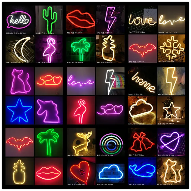 

Wholesale 39 Styles Led Neon Light Colorful Rainbow Neon Sign for Room Home Party Wedding Decoration Xmas Gift Neon Lamp