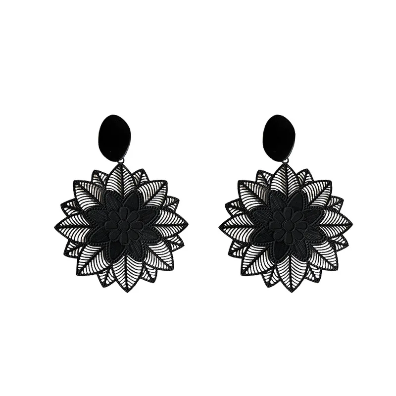 

Minar Hyperbole Black Color Alloy Flower Dangle Earrings for Women Ladies Big Floral Temperament Accessories Birthday Gifts