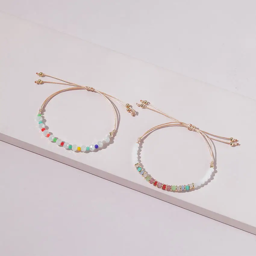 

2 pcs/set Rainbow Faceted Glass Crystal String Beads Adjustable Rope Chain Bracelets for Women Fashion Jewelry Wholesale