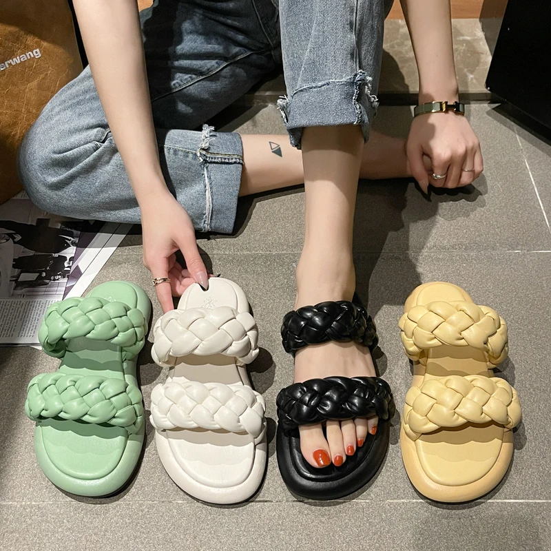 

Shoes Woman's Slippers Med Platform Slides Low Fashion 2021 Flat Luxury Rome Rubber Fabric PU Shoes Med Woman's Slippers Low Sli