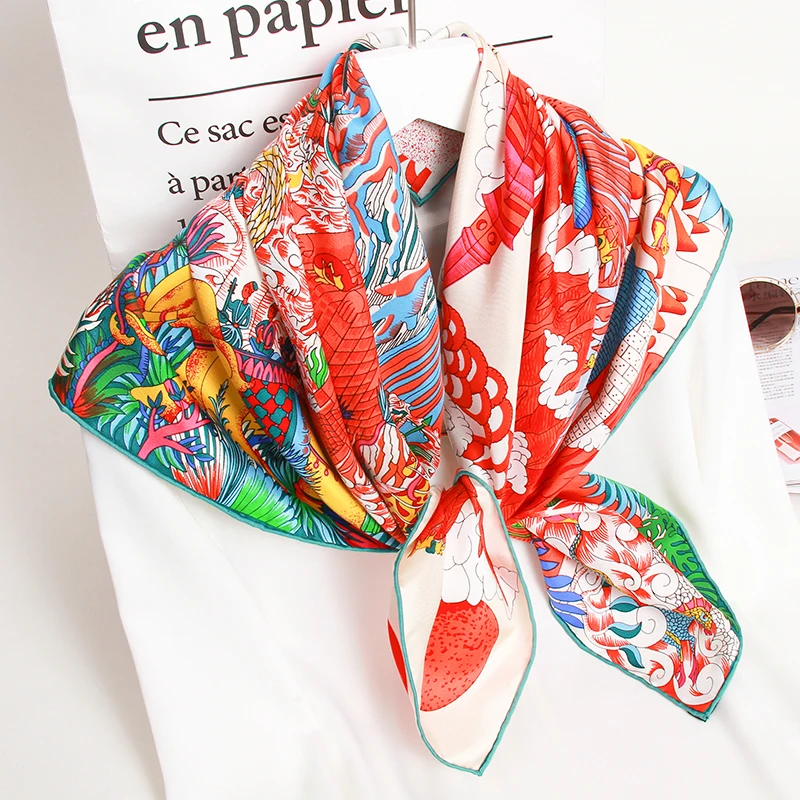 Женский квадратный шарф из натурального шелка платок 100% с принтом в Ханчжоу шали