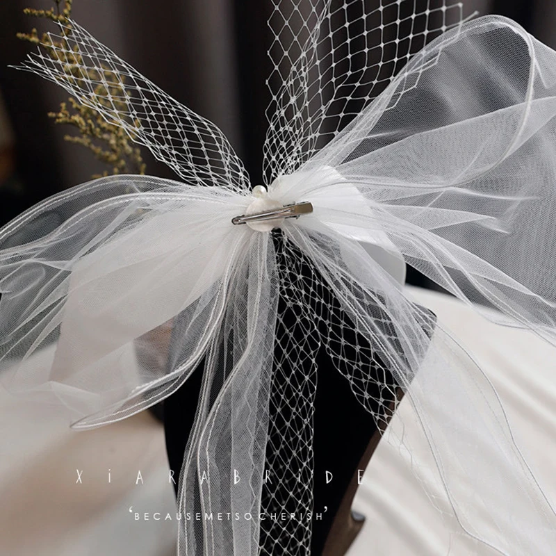 

Japan Style Short Wedding Veil With Bow Lace Tulle Beaded Women Bridal Veil 2020