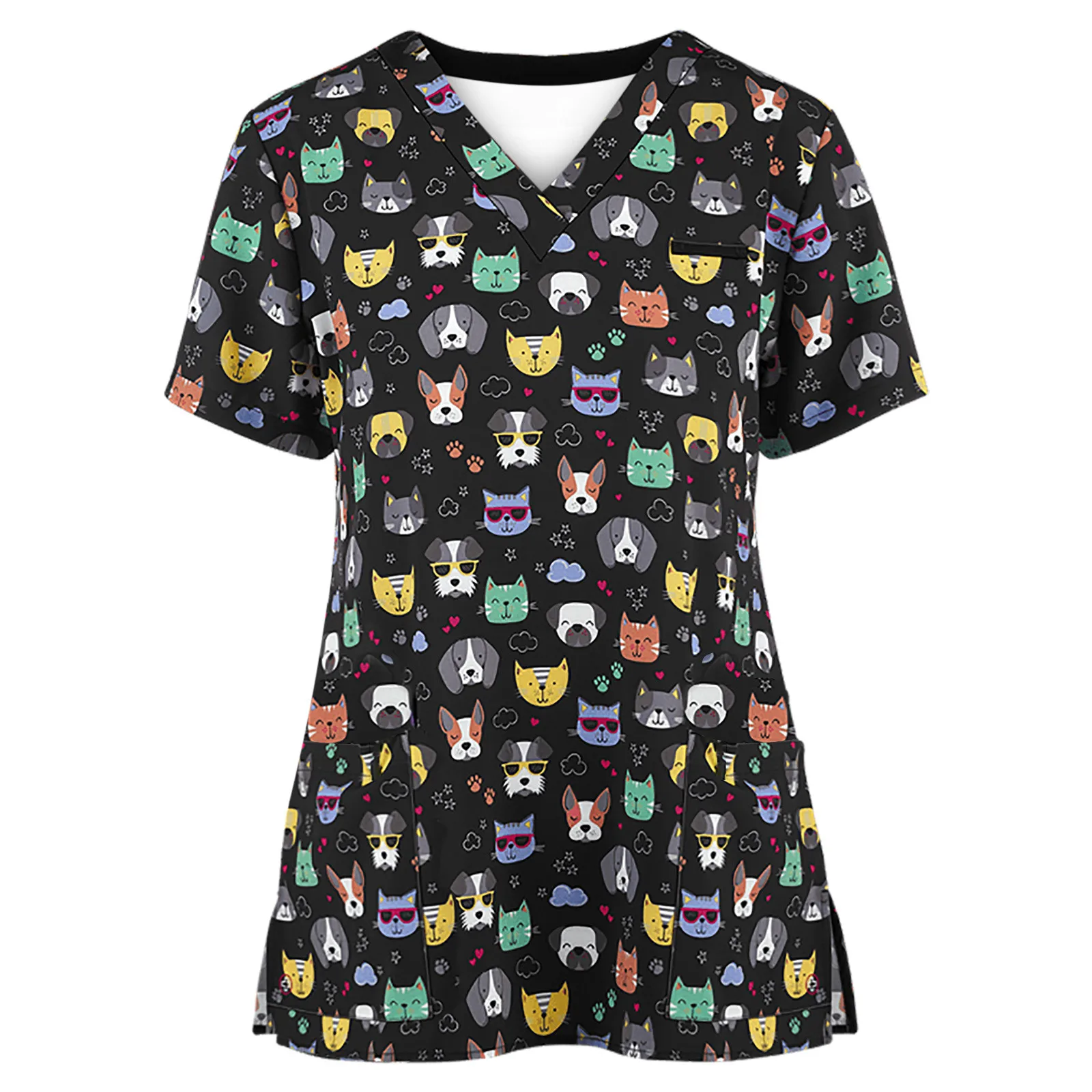 

New Hospital Clinic Women Nurse Uniform Blouse Cartoon Animal Printed Short Sleeve V-Neck Working Tops Nursing Clothes A40