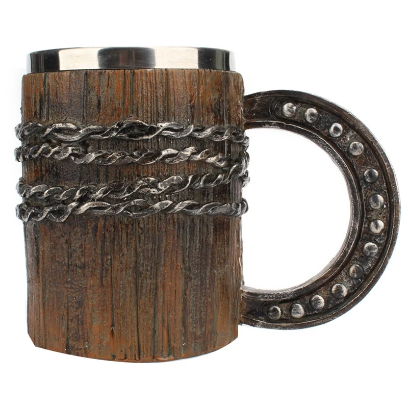 

Simulation Wooden Beer Mug Horseshoe Handle Mug Resin Large-Capacity Double-Layer Water Cup