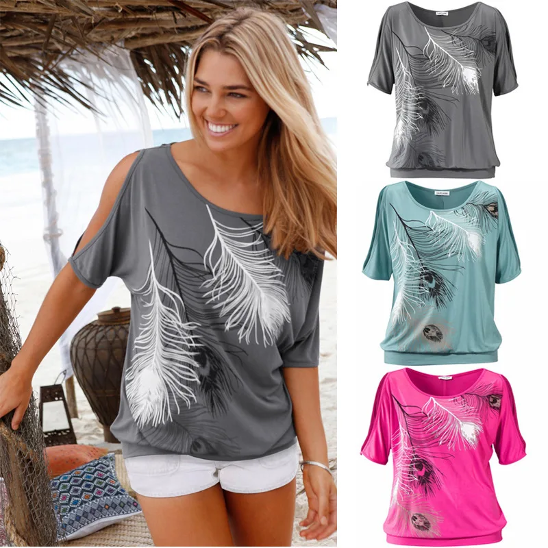 

Slit Sleeve Cold Shoulder Feather Print Women Casual Summer T Shirt Girl 2016 Tee Tshirt Loose Top T-Shirt