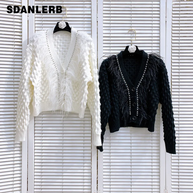 

Autumn Winter Gentle Beaded Handmade Feather V-neck Cardigan Sweaters Women Solid Color Short Knitted Coat Female Knitwear