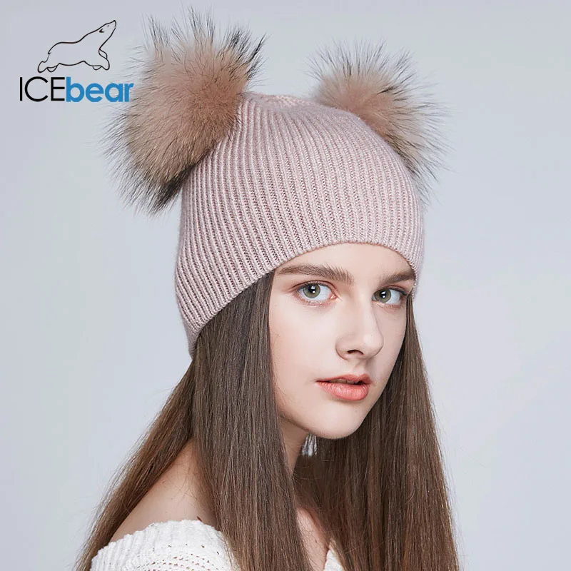 ICEbear мягкие женские зимние шапки, двойная настоящая шапка с меховым помпоном, теплая Милая шапка для девочек, Новое поступление, E-MX18118Q - Цвет: 23S