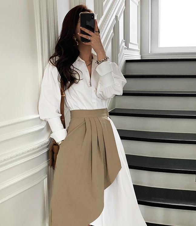 

2021 Spring Korean Style Irregular Skirt Women White Blouse Two Piece Women Chic Plus Size Ladies Sets