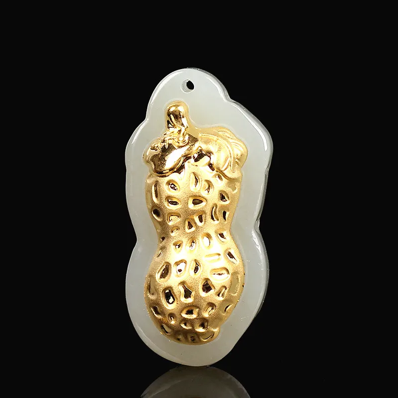 Натуральный китайский белый нефрит кулон мозаика Золотой арахис красивые