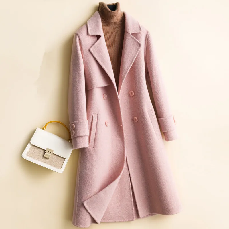 

2021 High Quality Office Lady Elegant Women Suit Collar Double Breasted Long Wool Coat Female Solid Slim Woolen Jacket Outerwear