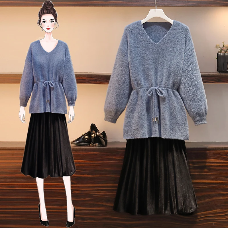 

Winter Large Size Ladies' Sweet V-Neck Pullover Strap Sweater Pleated Dress Two Pcs Knitted Suits Women Casual Outfit Knitwear