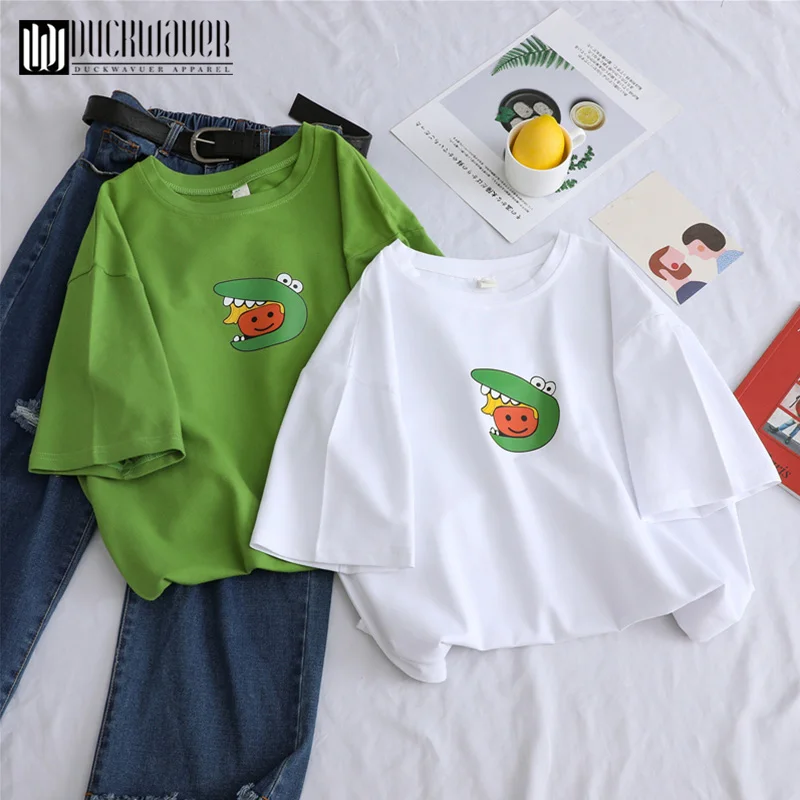 Duckwaver Летняя женская футболка с милым мультяшным принтом большие размеры 90s милая