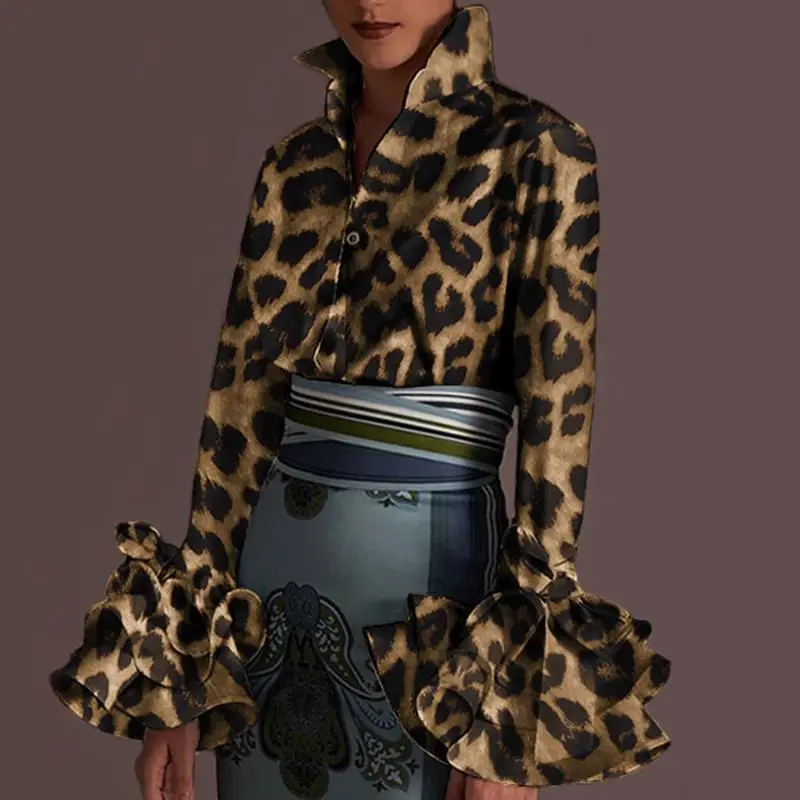 

Leopard Printed Shirts VONDA 2021 Casual Loose OL Office Blouse Elegant Tops Female Bohemian Blusas Oversized Tops Streetwears