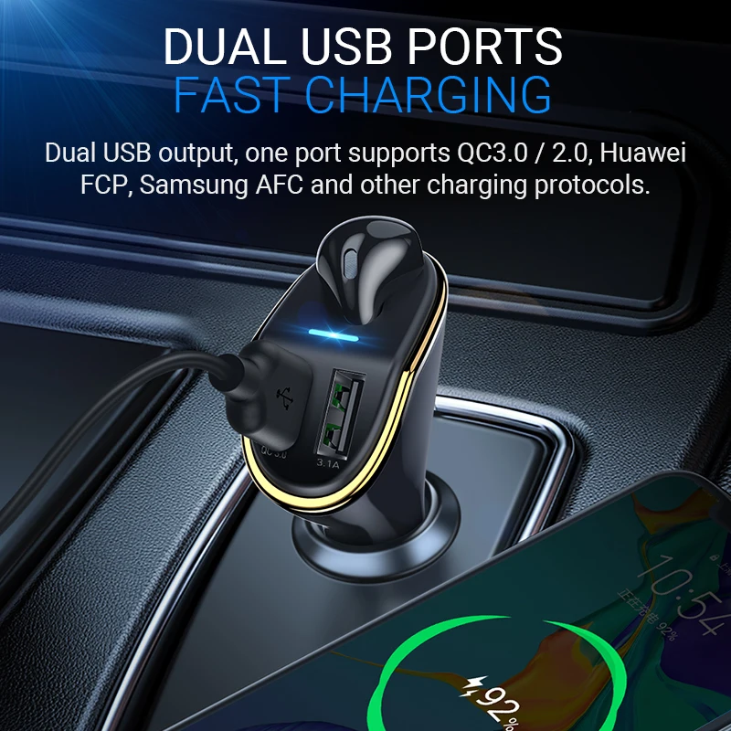 hoco автомобильное зарядное устройство два USB для QC3.0 FCP AFC 18W 3.1A беспроводная гарнитура правое ухо наушник с микрофоном юсби адаптер для машины юсб быстрая зарядка телефона универсальный зарядник в авто