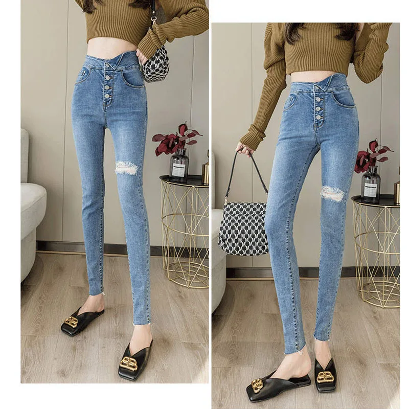

Ripped ButtonFly Denim Jeans for Woman Stretchy Hollow Out Female Pencil Irregular Waist Long Pants Skinny Fashionable Raw Edge