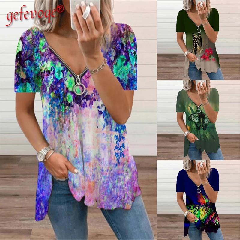 

Summer Women's Clothing Butterfly Flowers 3D Printed Zipper T Shirts Elegantes Short Sleeve V-neck Loose Top Oversize Tees Femme