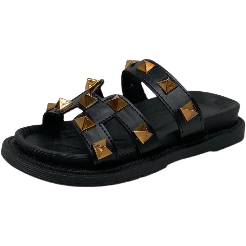 

Slippers Casual Shoes Woman 2021 Platform Pantofle Low Rivet Luxury New Soft Flat Rubber Rome Basic Leisure PU Fashion