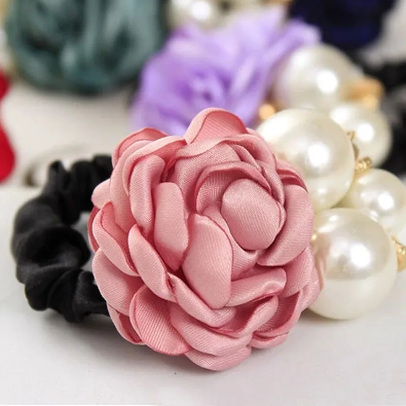 

Women Ribbon Rose Flower Hairband Big Pearl Hair Bands for Girls Elastic Hair Rope Ties Ponytail Holder Hair Accessories