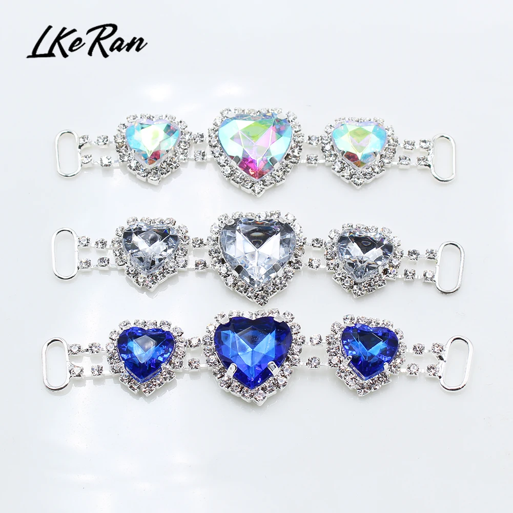 LKERAN 2Pc 2.2*8.5cm 13Color Heart Acrylic Rhinestone Bikini Connectors Buckle Copper Chain For Clothing/Beachwear/Wedding Decor