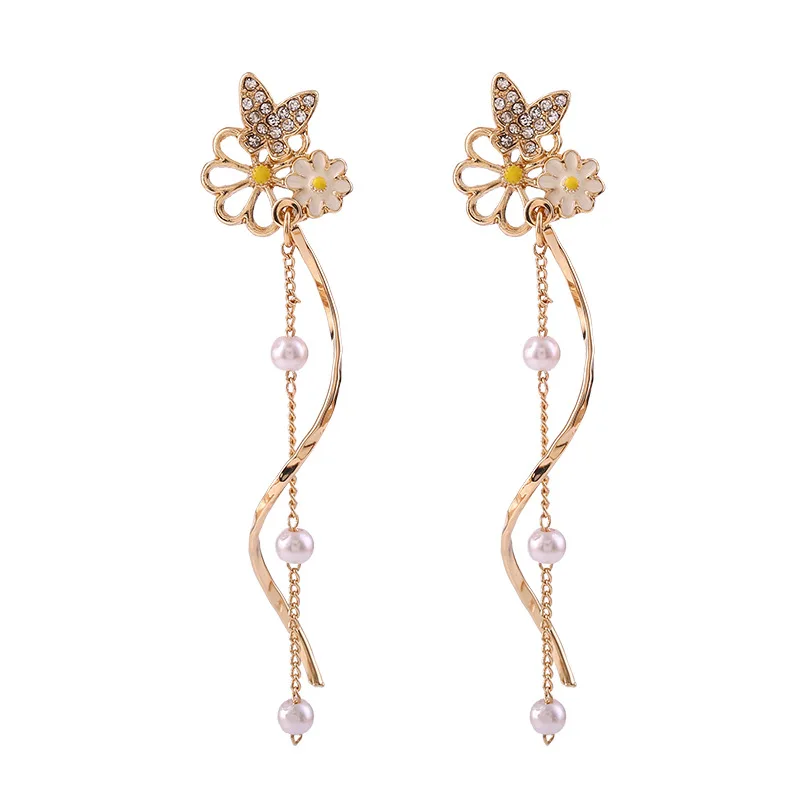 

Rhinestone Butterfly Long Pearls Tassel Drop Earrings Wave Shape Delicate Small Daisy Flower Earring Female Fashion Ear Jewelry