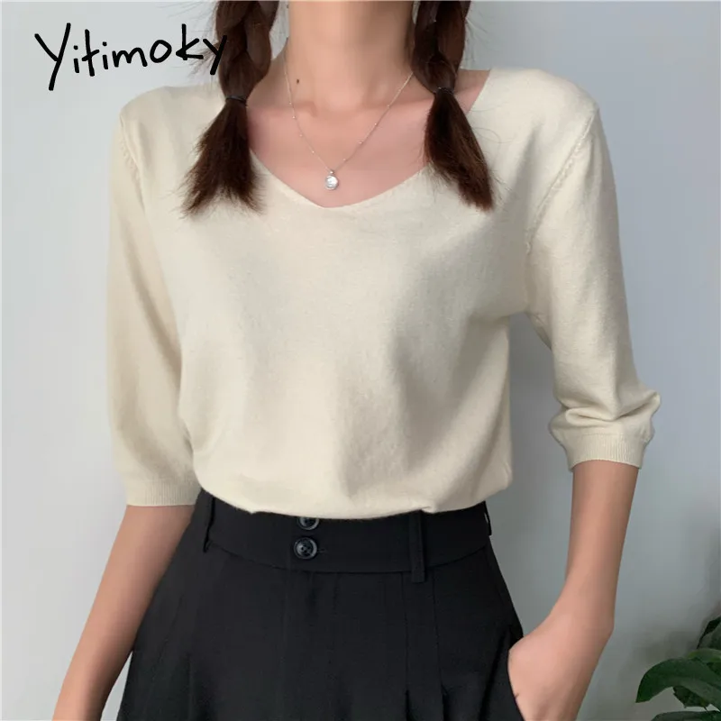 Женский трикотажный свитер с коротким рукавом и V-образным вырезом | Женская