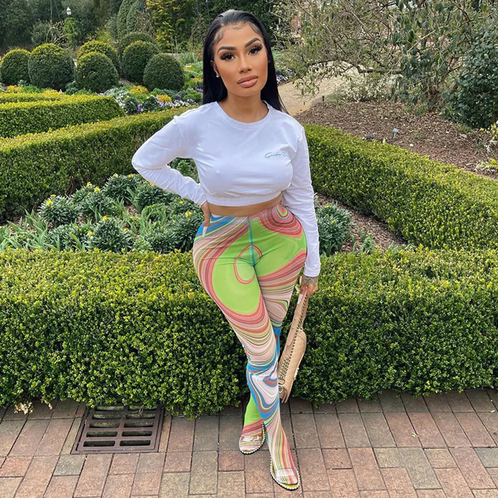 

Sheer Mesh Print See Through Skinny Legging for Women Medium Waist Body-shaping Foot Trouser 2022 Streetwear Slim Fit Trousers