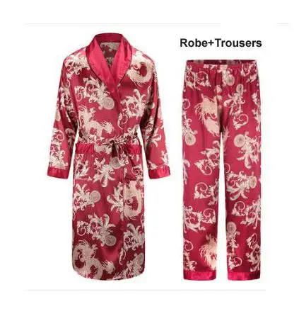 robe and trousers Шелковая ночная рубашка мужская летняя тонкий купальный халат Тигр Ночная рубашка свободная Свадебная robesilky с длинным рукавом Sleeprobe размера плюс домашняя одежда - Цвет: robe and trousers