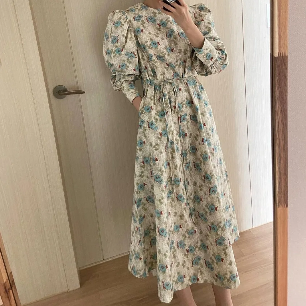

Korean Chic French Minority Spring and Autumn Retro Loose Lace-up Waist Long High Waist Floral Youthful-Looking Dress Fashion